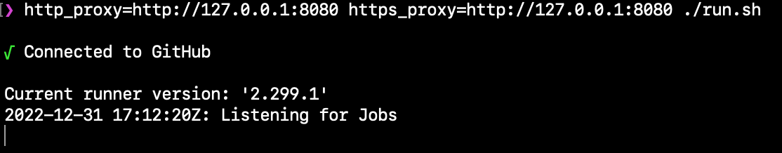 A terminal screenshot of the run command's output. Includes "Connected to GitHub" and "Listening for Jobs."