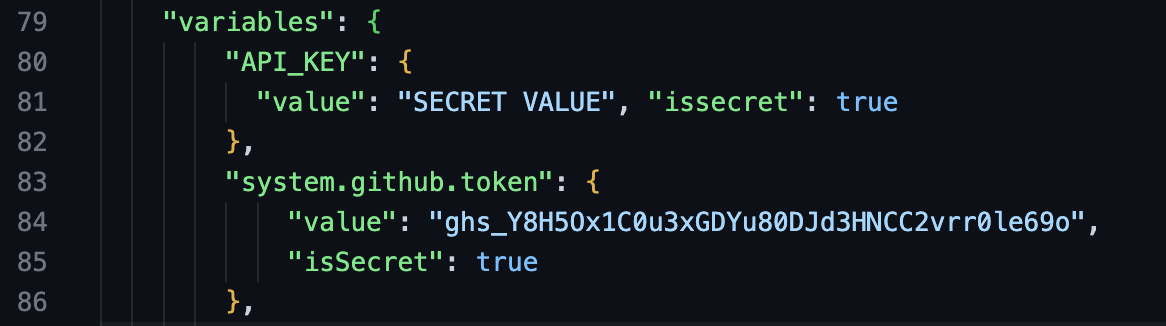 A screenshot of a JSON "variables" object that includes an "API_KEY" value and a "system github token" value.
